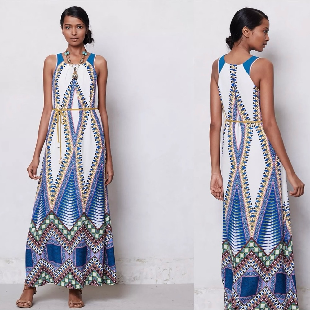 Anthropologie Maeve Pakpao Maxi‎ Dress  Geometric Print Greek Bohemian  ITM39